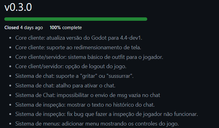 Lista das tarefas que compõem o escopo da versão 0.3.0